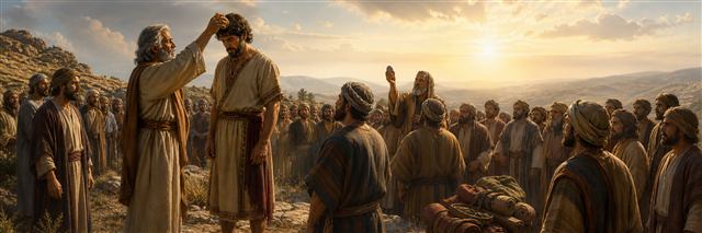 Samuel pouring oil on Saul as gathered Israelites watch nearby